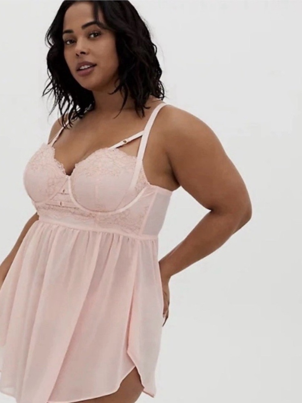 Torrid Curve Light Pink Underwire Lurex Lace and Mesh Skirted Babydoll Teddy